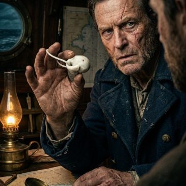 Captain Ahab holds up a necklace made of white jade, carved into the image of Moby Dick. The piece captures his gaze and determi…