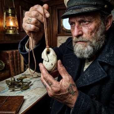 Captain Ahab grips his white jade whale pendant, a silent symbol of his epic quest against the legend….