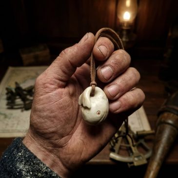 Captain Ahab displays a handcrafted Moby Dick pendant, carved from pure white jade. A tribute to the great whale. #MobyDick #Whi…