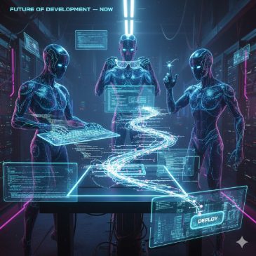 “Три цифровых агента в стиле Cyberpunk 2077 управляют Git-репозиторием: один пишет код, второй мгновенно ревьюит, третий деплоит…